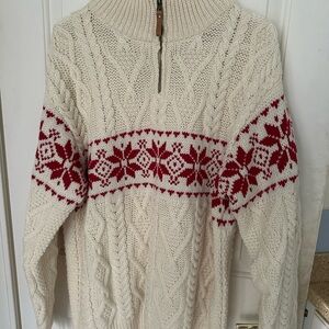 NWOT, Merino wool cream with red snowflake print Irish knit sweater